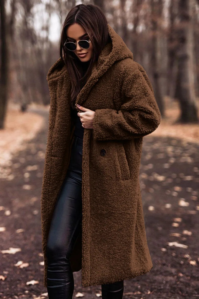 Long Teddy Coat with Hood and Button Closure