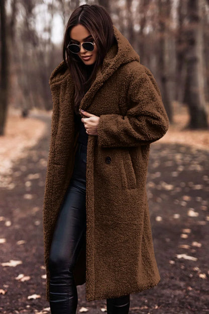 Long Teddy Coat with Hood and Button Closure