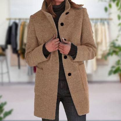 Single-Breasted Coat with High Neck Collar and Patch Pockets