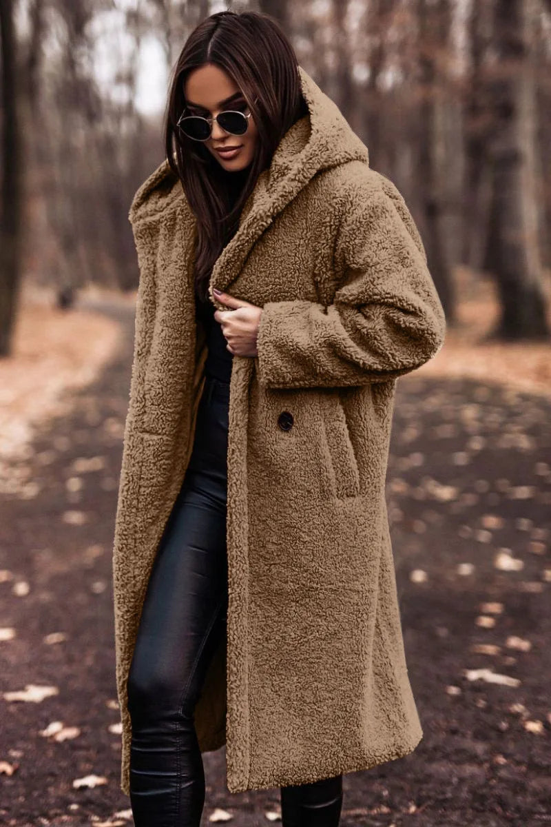 Long Teddy Coat with Hood and Button Closure