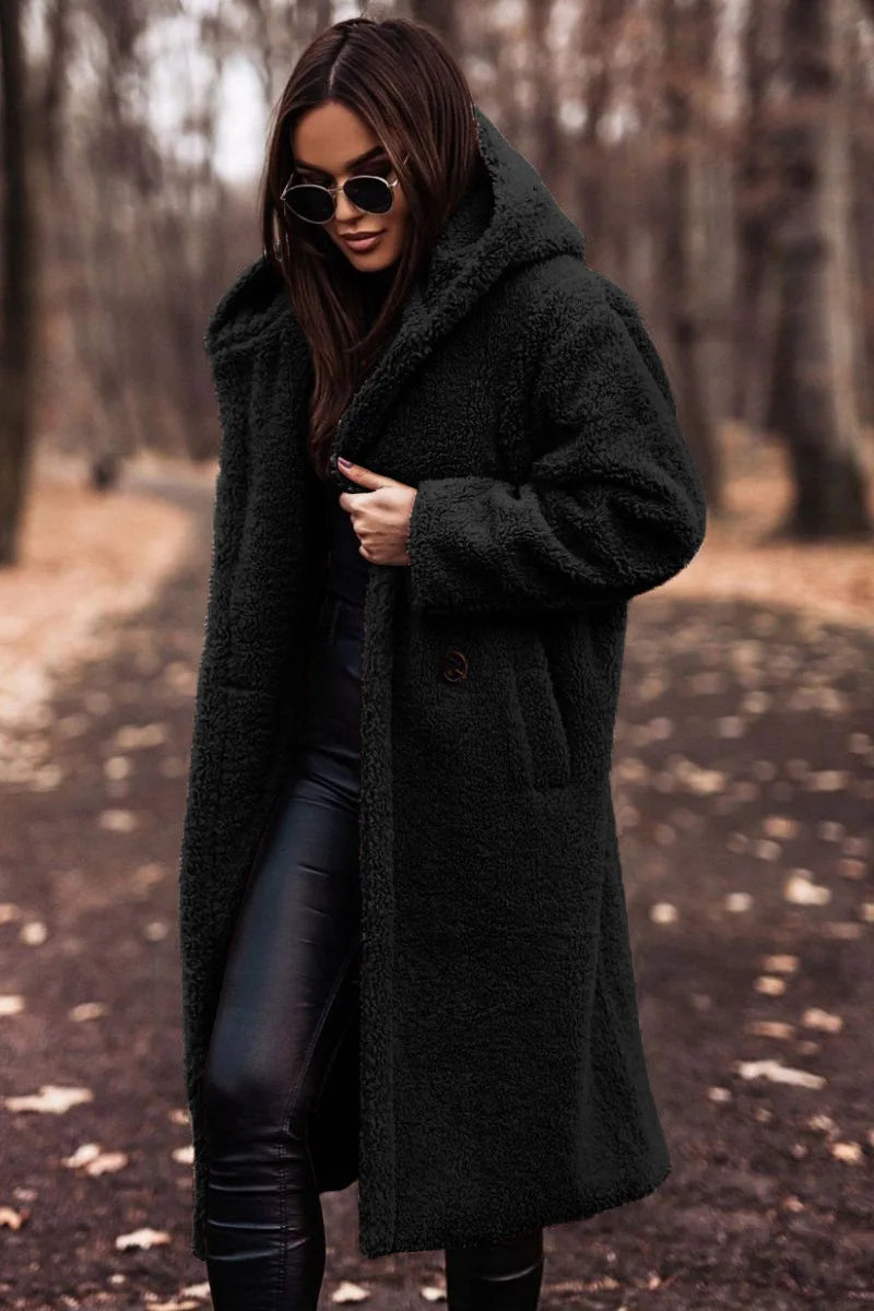 Long Teddy Coat with Hood and Button Closure
