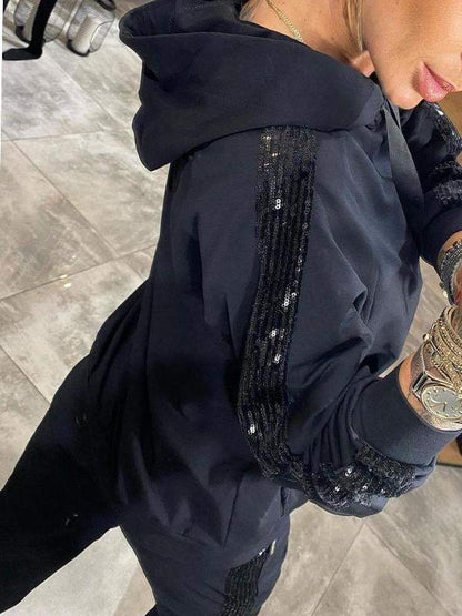 Hooded Tracksuit Set with Sequin Side Stripe and Elasticated Cuffs
