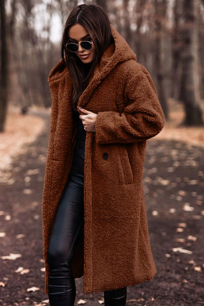 Long Teddy Coat with Hood and Button Closure