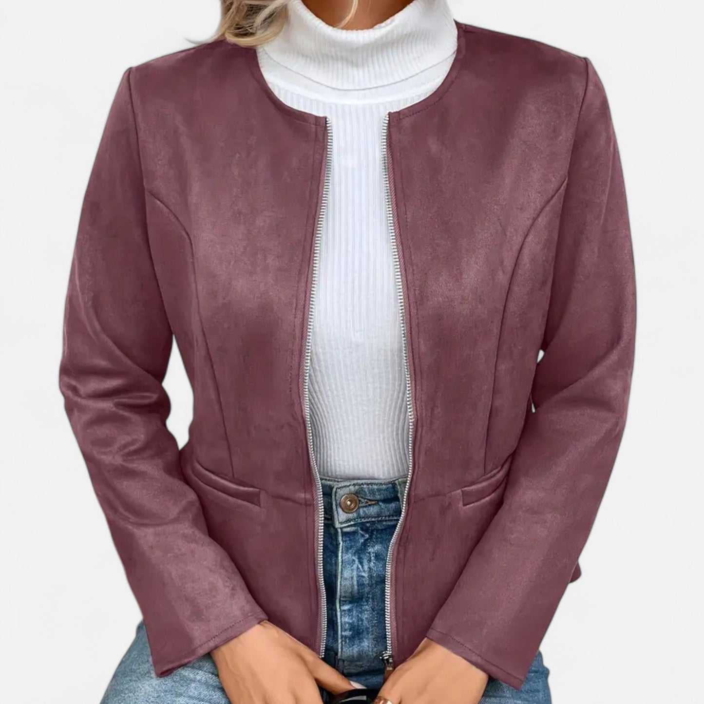 Round Neck Jacket with Zip Closure and Welt Pockets