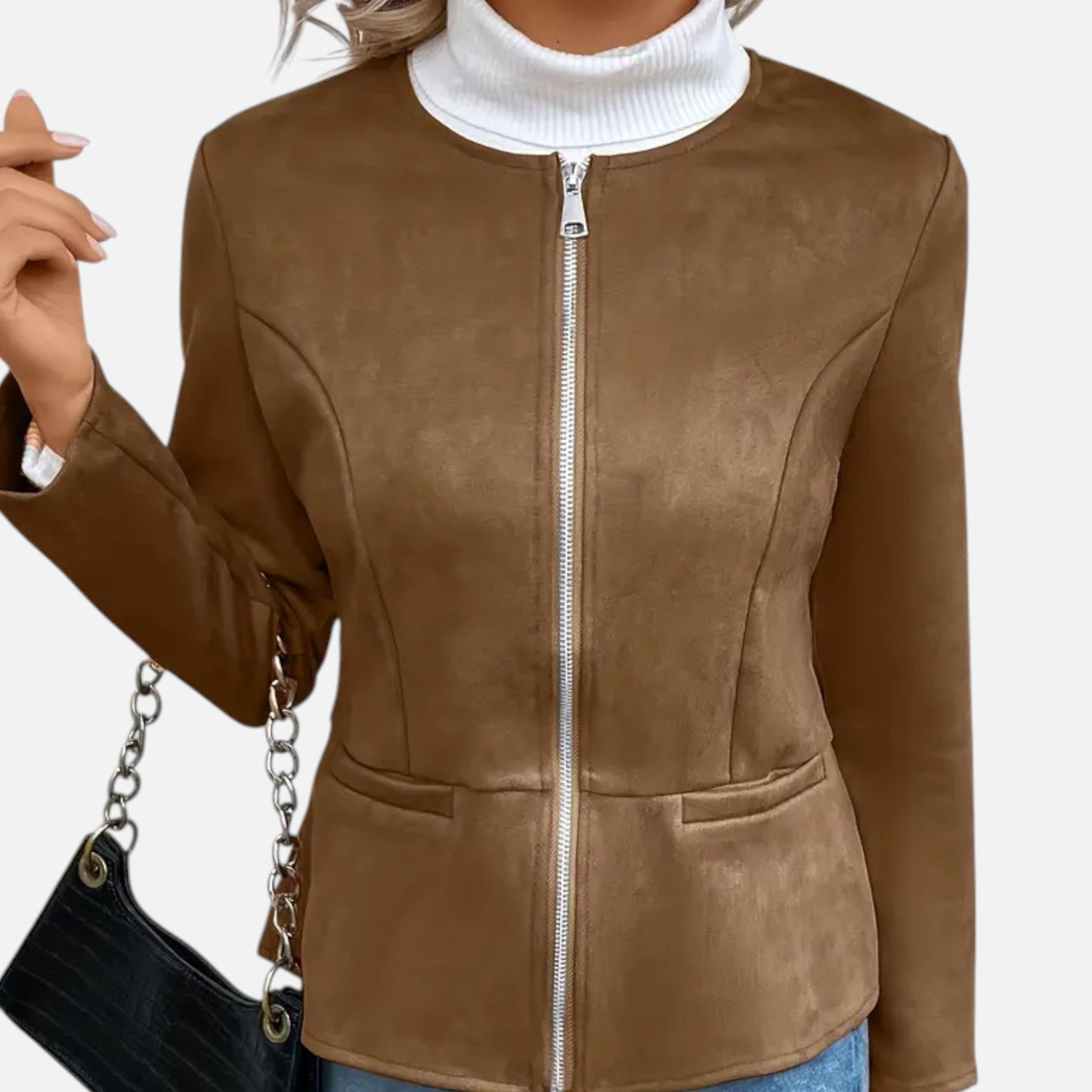 Round Neck Jacket with Zip Closure and Welt Pockets