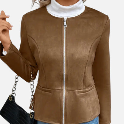 Round Neck Jacket with Zip Closure and Welt Pockets