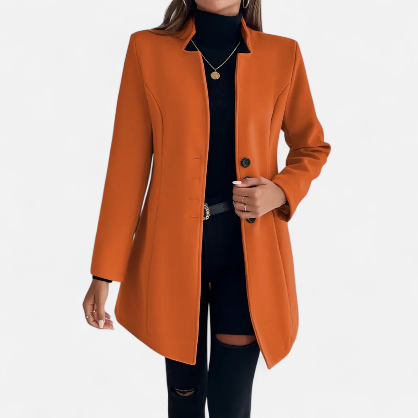 Single-Breasted Coat with Pointed Collar and Long Sleeves