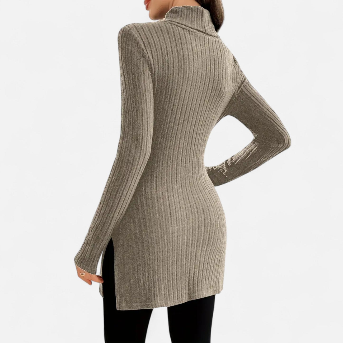 Ribbed Knit Turtleneck Sweater with Side Slits