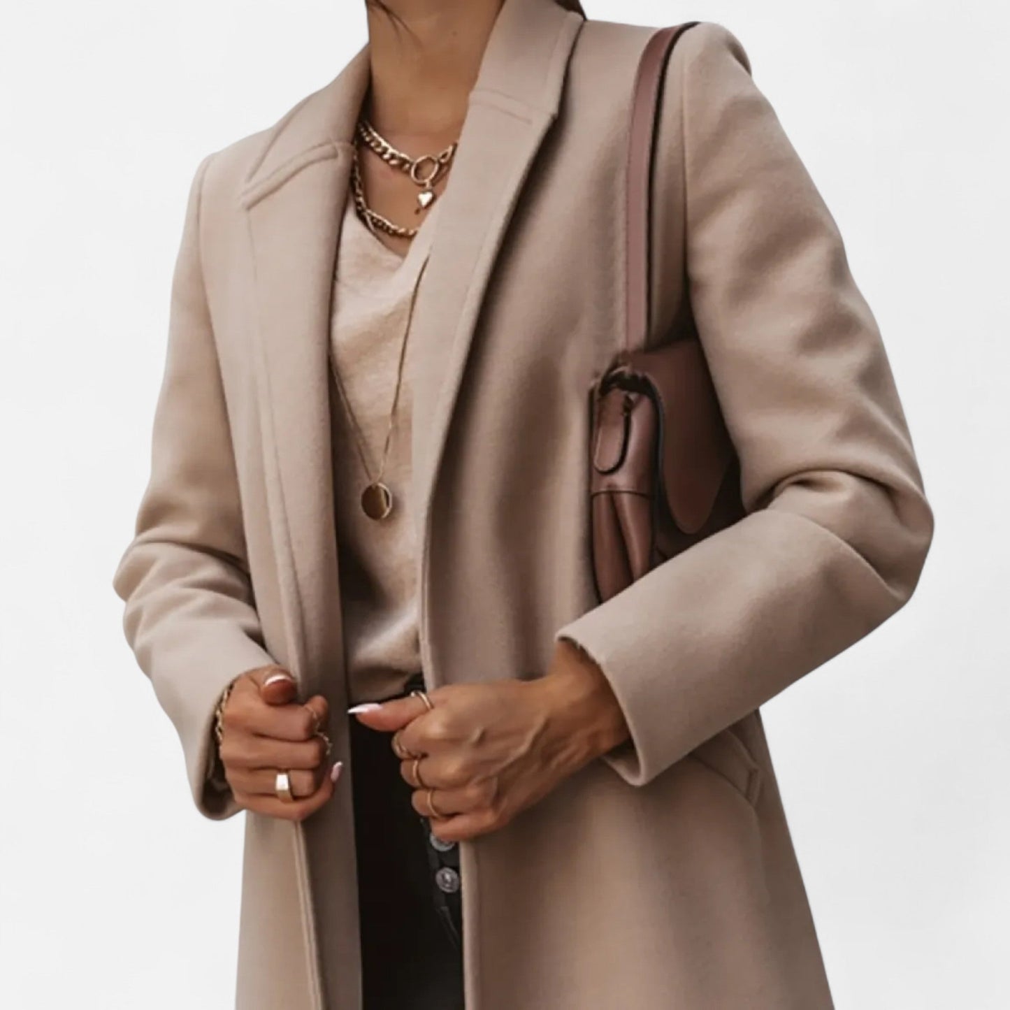 Maxi Coat with Notched Lapels, Single-Breasted Closure and Flap Pockets