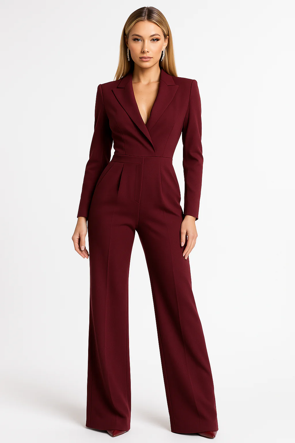 Wide-Leg Jumpsuit with Notched Lapels and Long Sleeves
