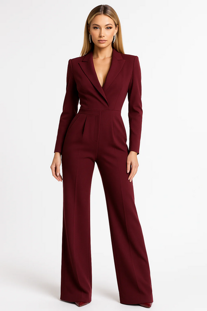 Wide-Leg Jumpsuit with Notched Lapels and Long Sleeves
