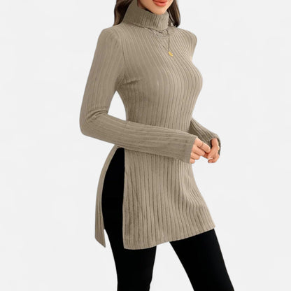 Ribbed Knit Turtleneck Sweater with Side Slits