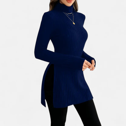 Ribbed Knit Turtleneck Sweater with Side Slits