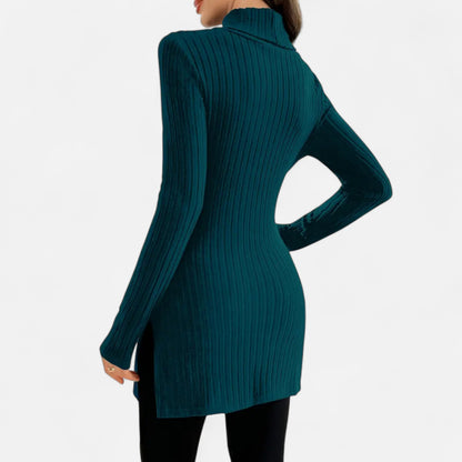 Ribbed Knit Turtleneck Sweater with Side Slits