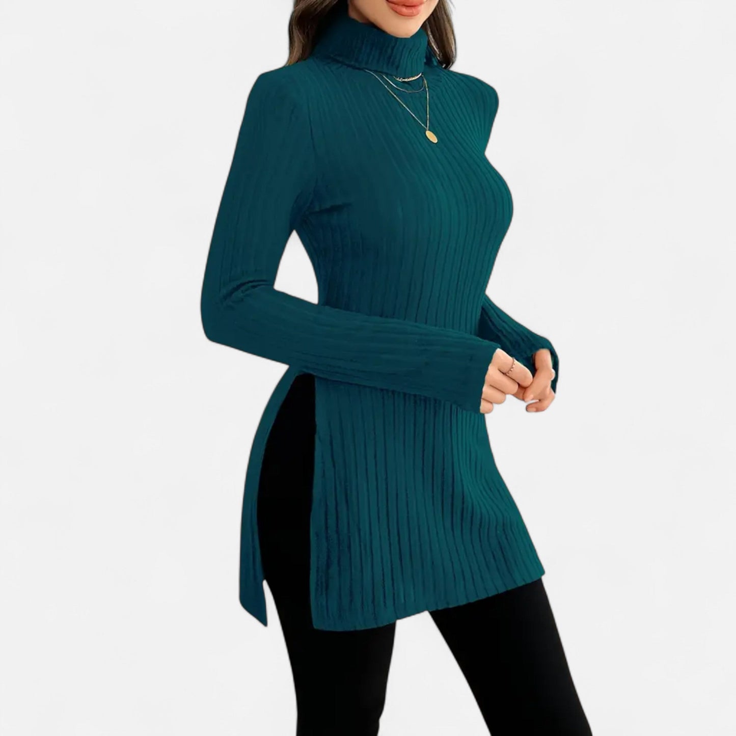 Ribbed Knit Turtleneck Sweater with Side Slits
