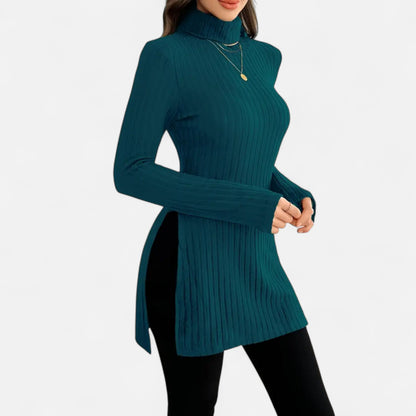 Ribbed Knit Turtleneck Sweater with Side Slits