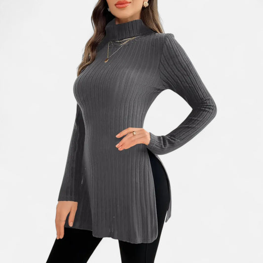 Ribbed Knit Turtleneck Sweater with Side Slits