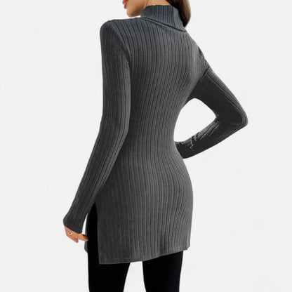 Ribbed Knit Turtleneck Sweater with Side Slits
