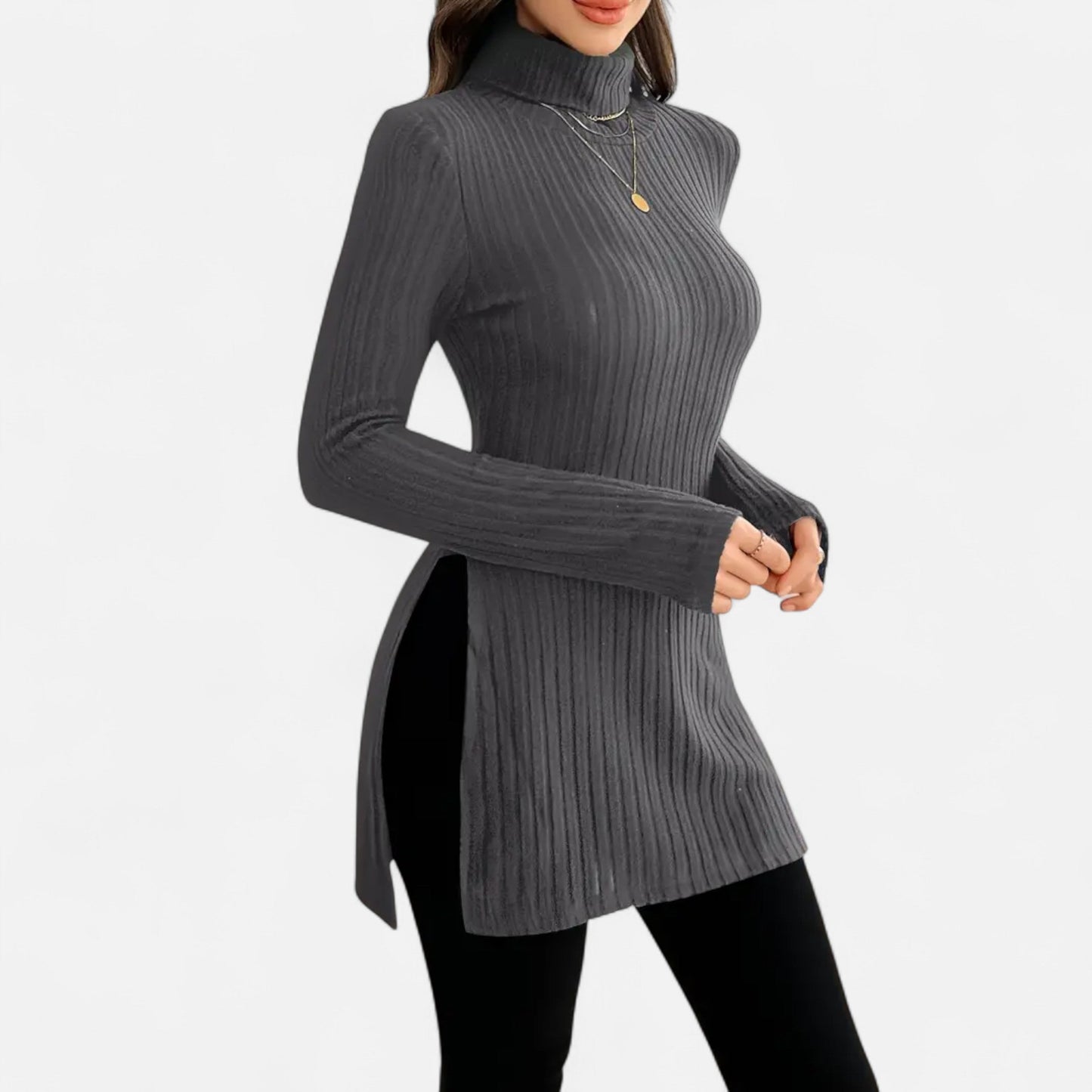 Ribbed Knit Turtleneck Sweater with Side Slits