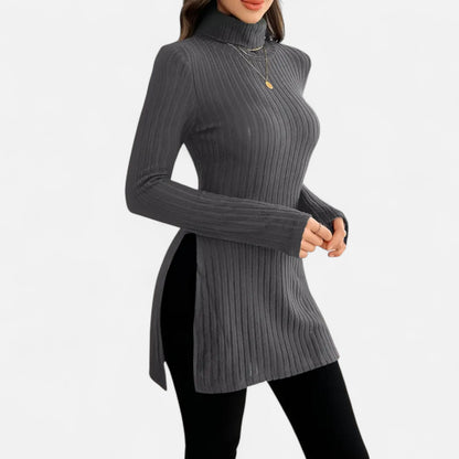 Ribbed Knit Turtleneck Sweater with Side Slits