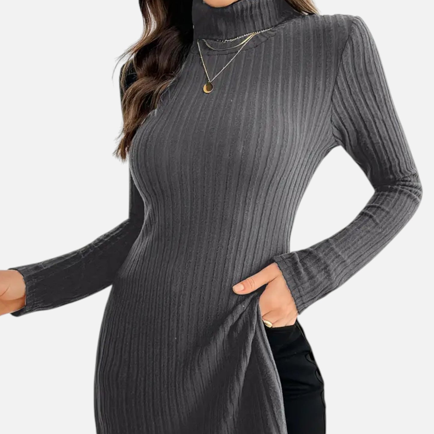Ribbed Knit Turtleneck Sweater with Side Slits