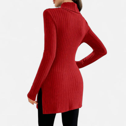 Ribbed Knit Turtleneck Sweater with Side Slits