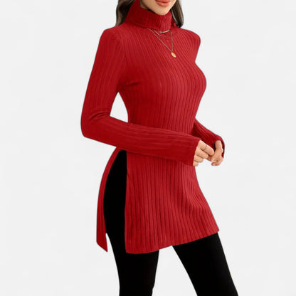 Ribbed Knit Turtleneck Sweater with Side Slits