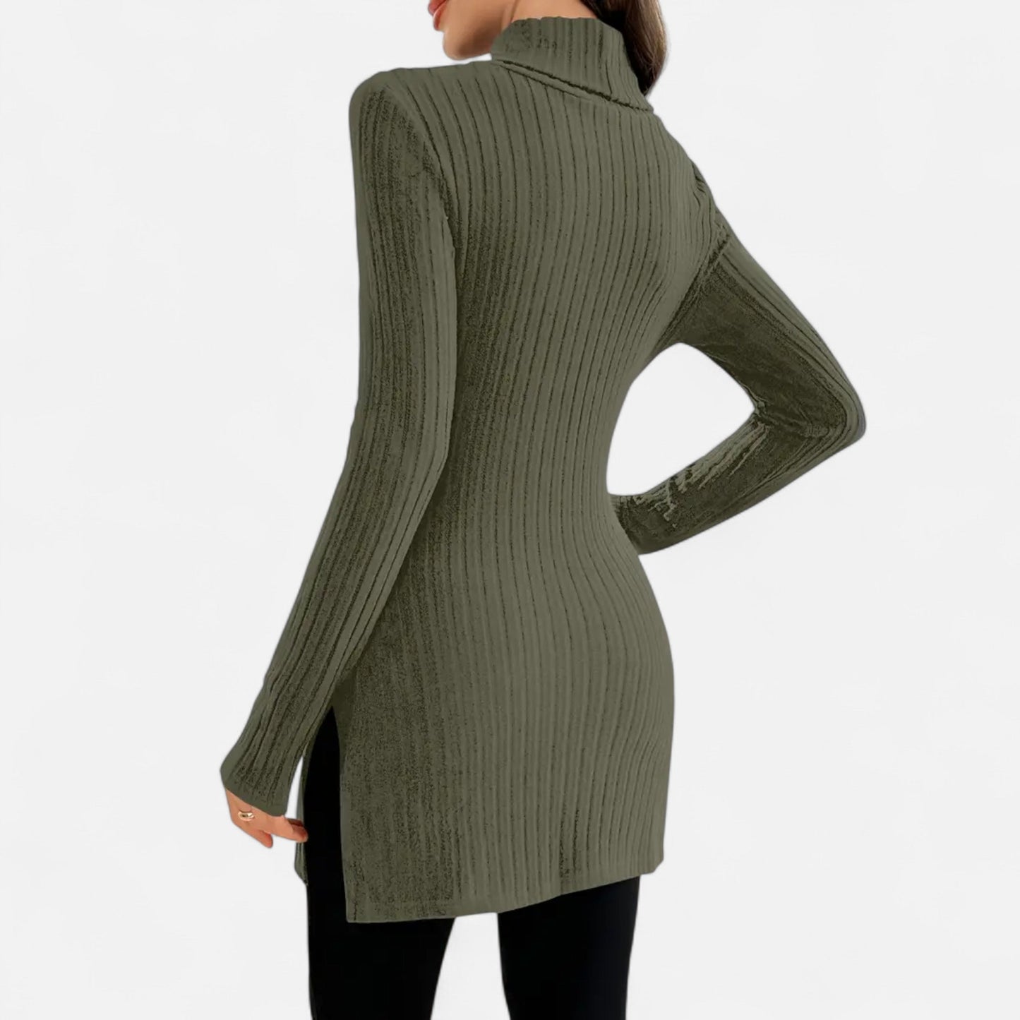 Ribbed Knit Turtleneck Sweater with Side Slits