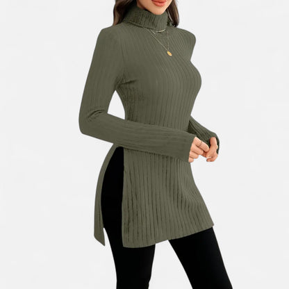 Ribbed Knit Turtleneck Sweater with Side Slits
