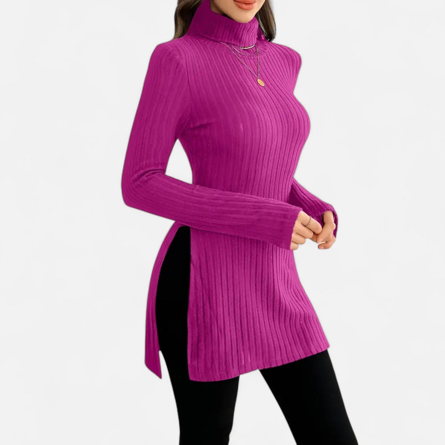 Ribbed Knit Turtleneck Sweater with Side Slits