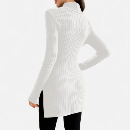 Ribbed Knit Turtleneck Sweater with Side Slits