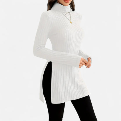 Ribbed Knit Turtleneck Sweater with Side Slits
