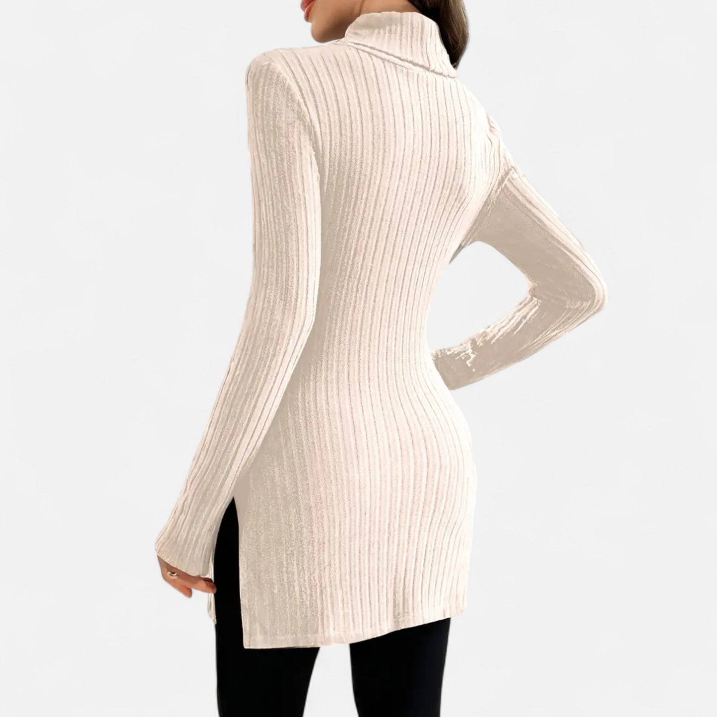 Ribbed Knit Turtleneck Sweater with Side Slits
