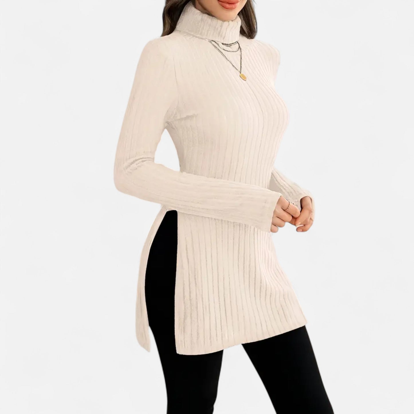 Ribbed Knit Turtleneck Sweater with Side Slits