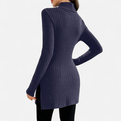 Ribbed Knit Turtleneck Sweater with Side Slits