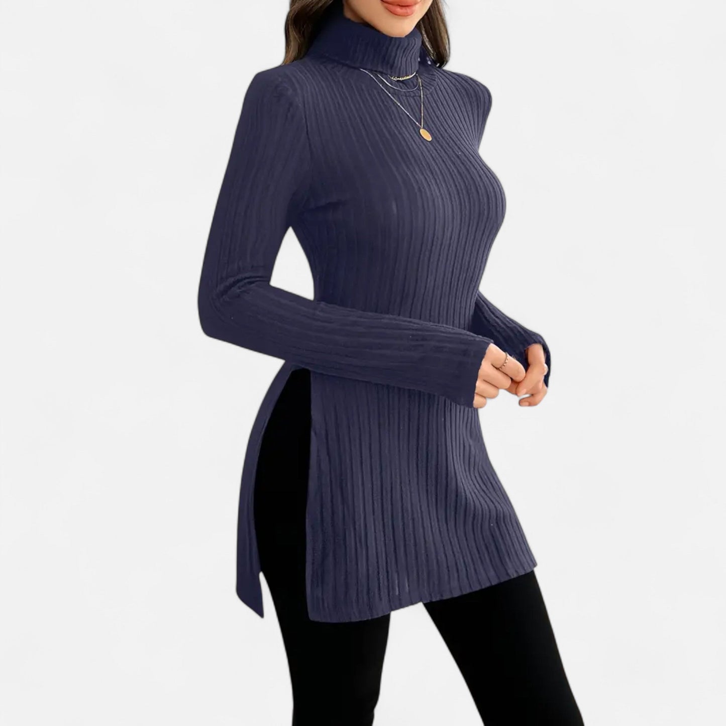 Ribbed Knit Turtleneck Sweater with Side Slits