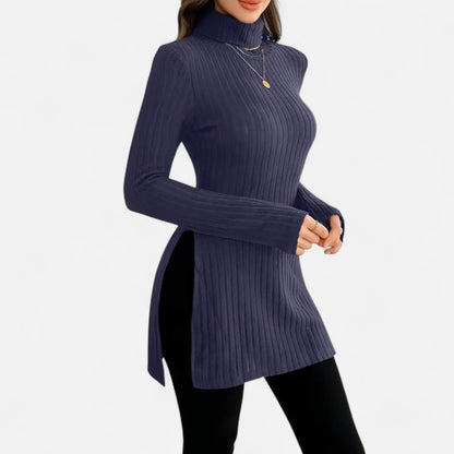 Ribbed Knit Turtleneck Sweater with Side Slits