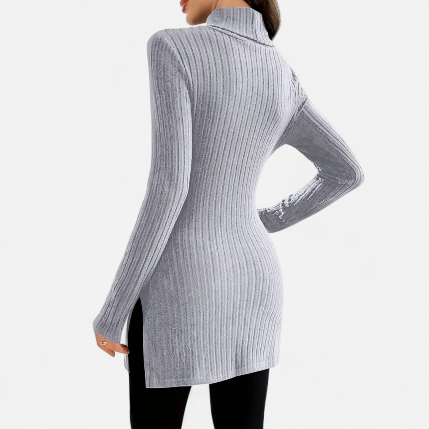 Ribbed Knit Turtleneck Sweater with Side Slits