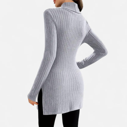 Ribbed Knit Turtleneck Sweater with Side Slits