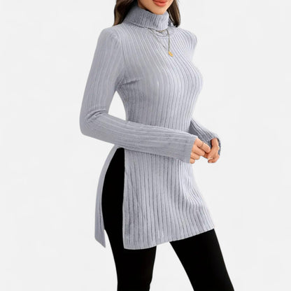 Ribbed Knit Turtleneck Sweater with Side Slits