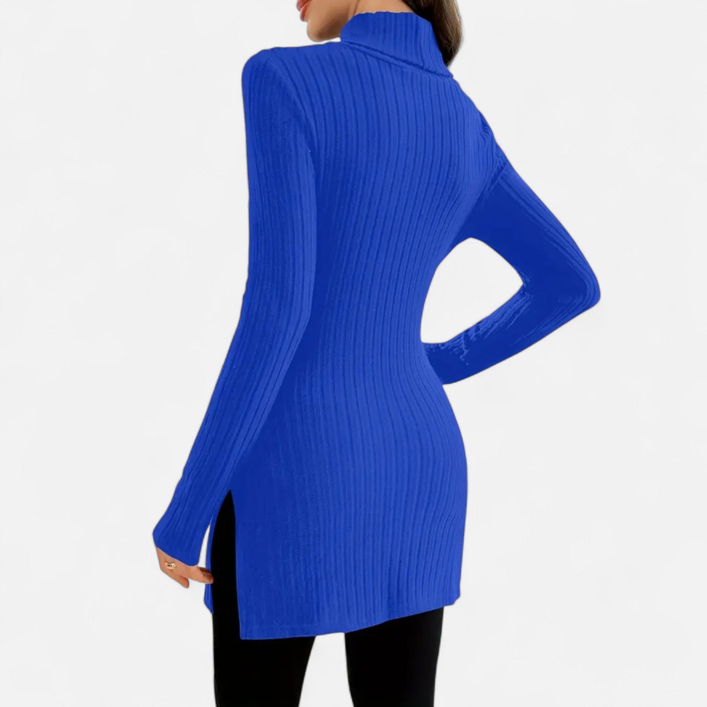 Ribbed Knit Turtleneck Sweater with Side Slits