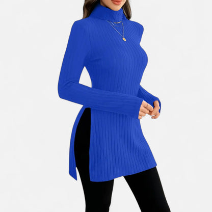 Ribbed Knit Turtleneck Sweater with Side Slits