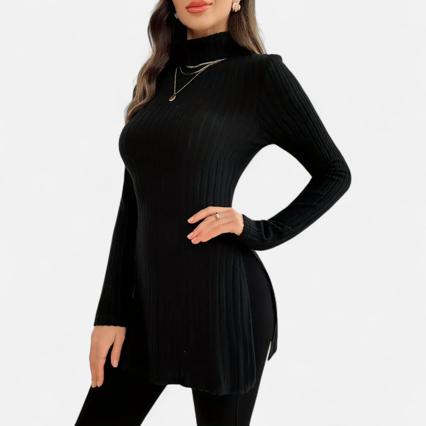Ribbed Knit Turtleneck Sweater with Side Slits