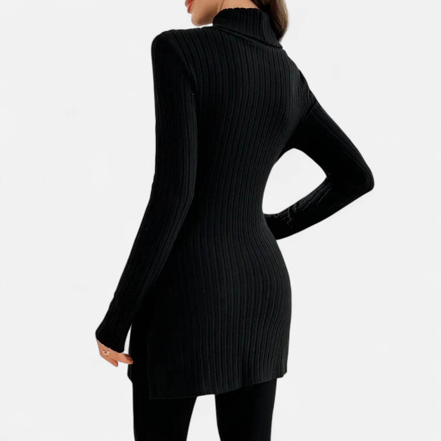 Ribbed Knit Turtleneck Sweater with Side Slits