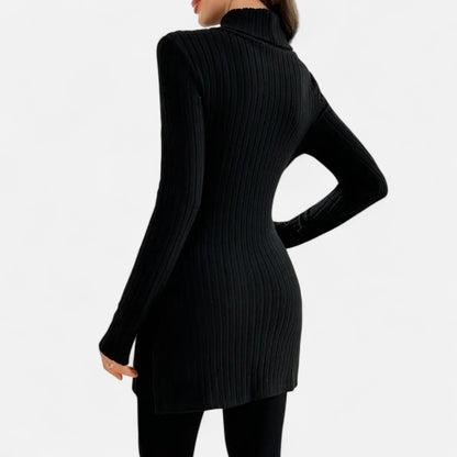 Ribbed Knit Turtleneck Sweater with Side Slits