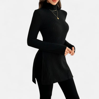 Ribbed Knit Turtleneck Sweater with Side Slits