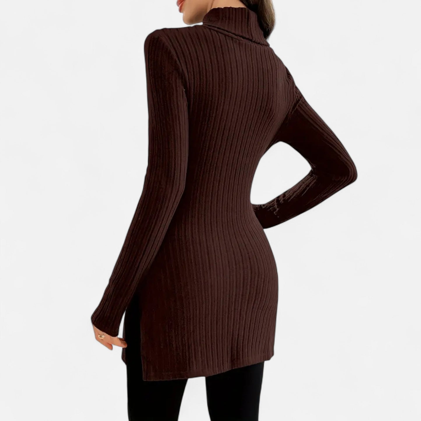 Ribbed Knit Turtleneck Sweater with Side Slits