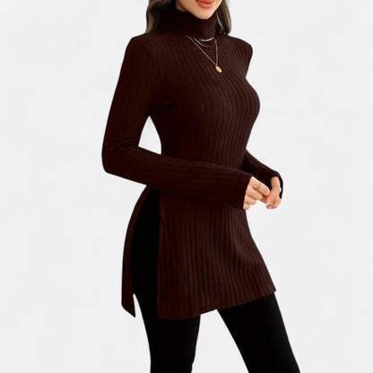 Ribbed Knit Turtleneck Sweater with Side Slits