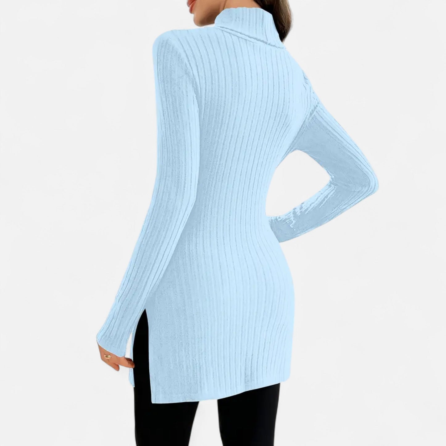 Ribbed Knit Turtleneck Sweater with Side Slits