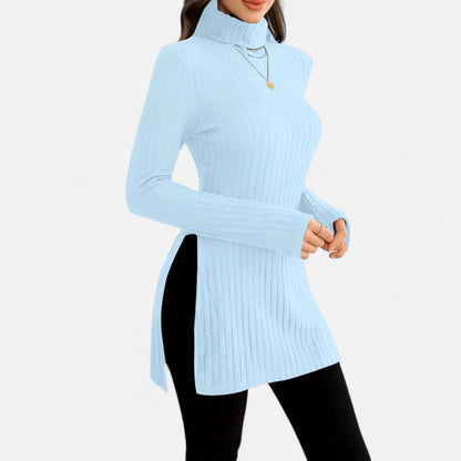 Ribbed Knit Turtleneck Sweater with Side Slits